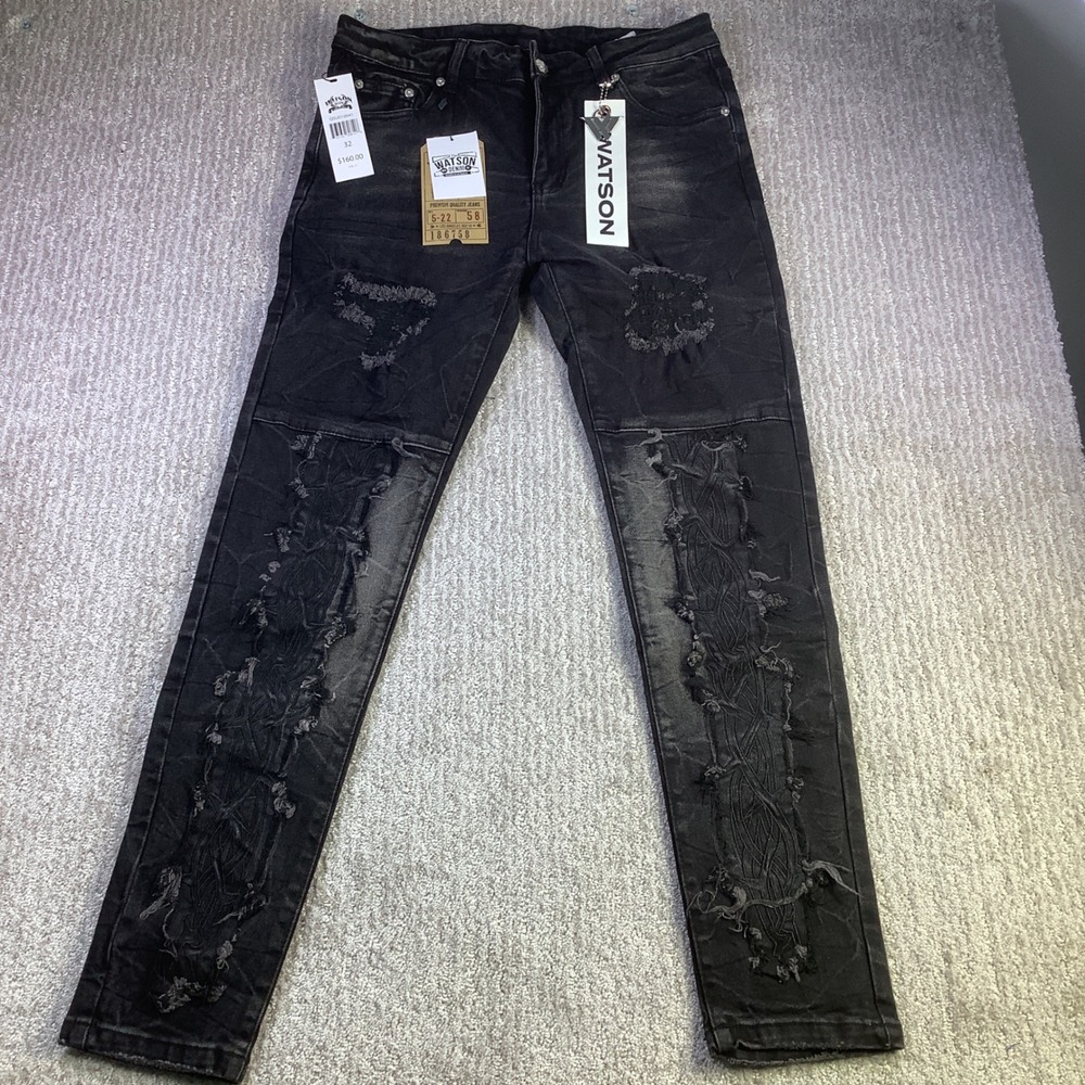 WATSON Denim Black Distressed Jeans Mens‎ Size 32 x 29 Premium Quality NWT